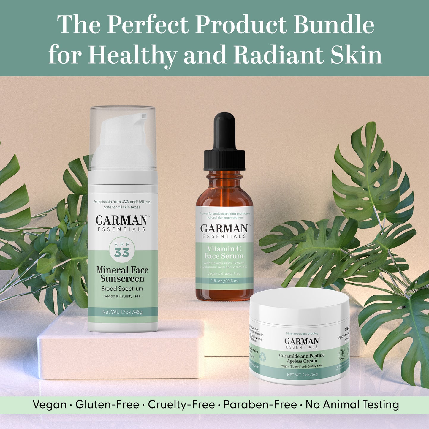 3-in-1 Bundle: Mineral Sunscreen Lotion SPF 33 1.7 fl oz, Vitamin C Serum for Face, Hyaluronic Acid 1 Fl Oz & Ceramide and Peptide ageless Cream 2 Fl Oz.