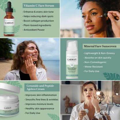 3-in-1 Bundle: Mineral Sunscreen Lotion SPF 33 1.7 fl oz, Vitamin C Serum for Face, Hyaluronic Acid 1 Fl Oz & Ceramide and Peptide ageless Cream 2 Fl Oz.
